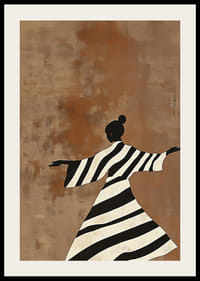 An elegant dancer in black and white stripes against a warm, earthy background-2