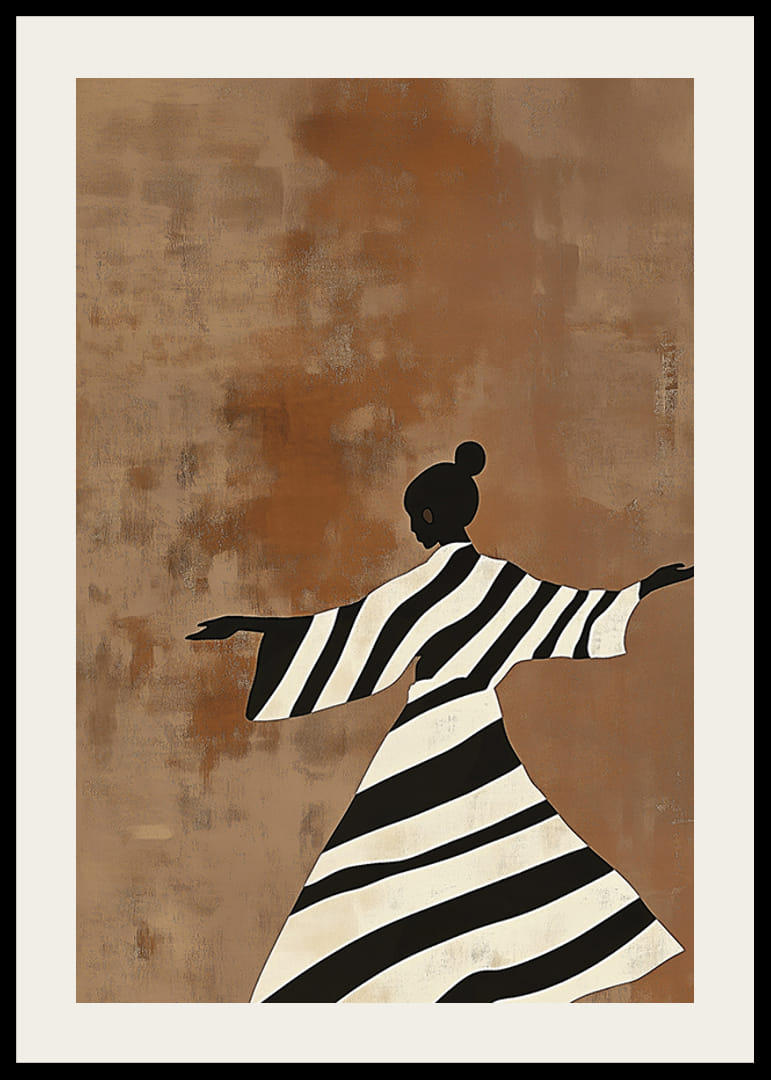 An elegant dancer in black and white stripes against a warm, earthy background-12