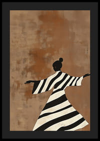 An elegant dancer in black and white stripes against a warm, earthy background-4