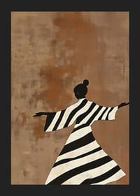 An elegant dancer in black and white stripes against a warm, earthy background-5