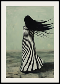 An enigmatic figure in striped clothing is swept away by the wind across a desolate landscape-2
