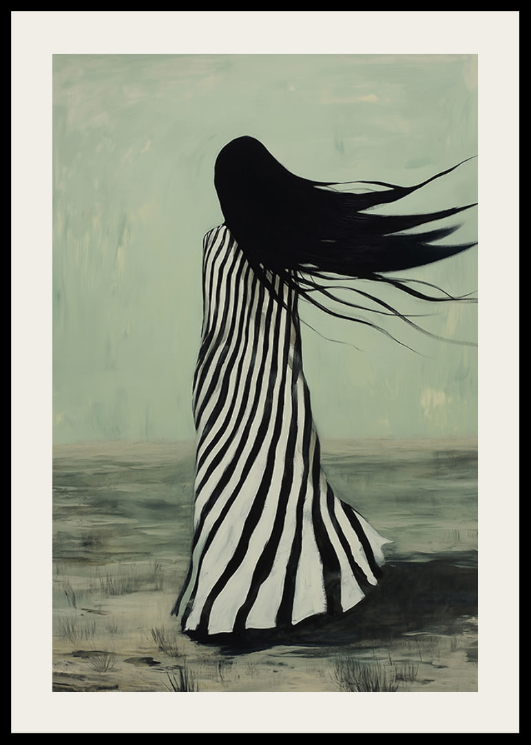 An enigmatic figure in striped clothing is swept away by the wind across a desolate landscape-12