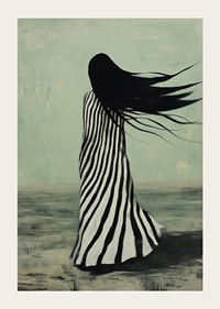 An enigmatic figure in striped clothing is swept away by the wind across a desolate landscape-3