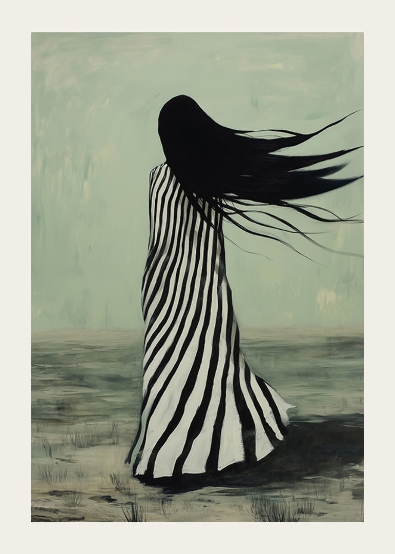 An enigmatic figure in striped clothing is swept away by the wind across a desolate landscape-12