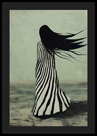 An enigmatic figure in striped clothing is swept away by the wind across a desolate landscape-4
