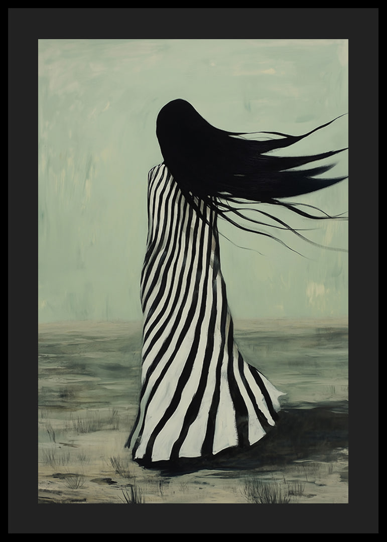 An enigmatic figure in striped clothing is swept away by the wind across a desolate landscape-12