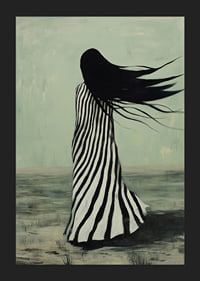 An enigmatic figure in striped clothing is swept away by the wind across a desolate landscape-5