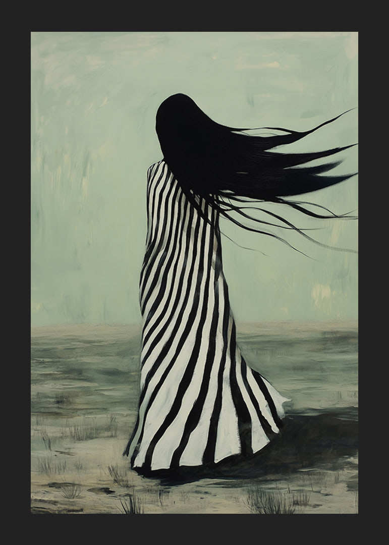 An enigmatic figure in striped clothing is swept away by the wind across a desolate landscape-12