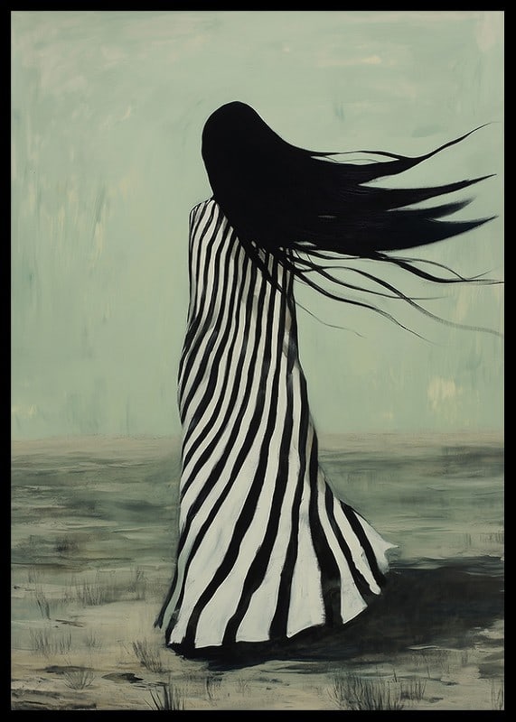 An enigmatic figure in striped clothing is swept away by the wind across a desolate landscape-12