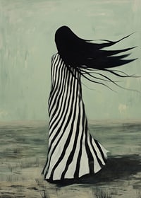 An enigmatic figure in striped clothing is swept away by the wind across a desolate landscape-7