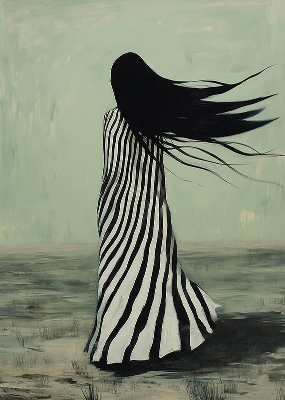 An enigmatic figure in striped clothing is swept away by the wind across a desolate landscape-12