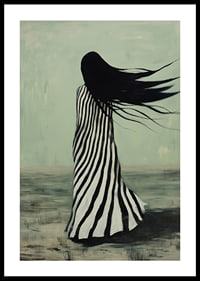 An enigmatic figure in striped clothing is swept away by the wind across a desolate landscape-0