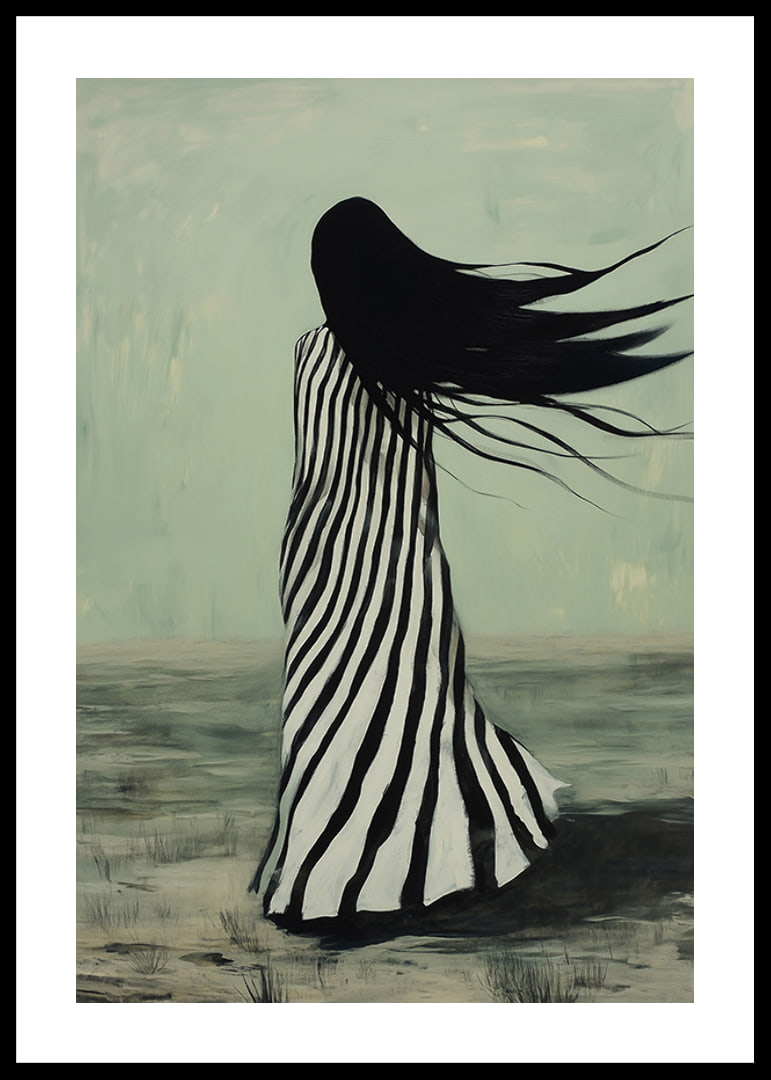 An enigmatic figure in striped clothing is swept away by the wind across a desolate landscape-12