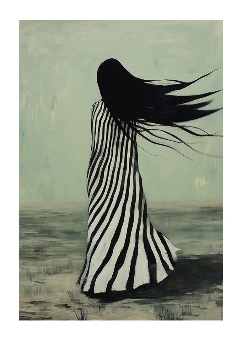 An enigmatic figure in striped clothing is swept away by the wind across a desolate landscape-12