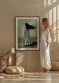 An enigmatic figure in striped clothing is swept away by the wind across a desolate landscape-8