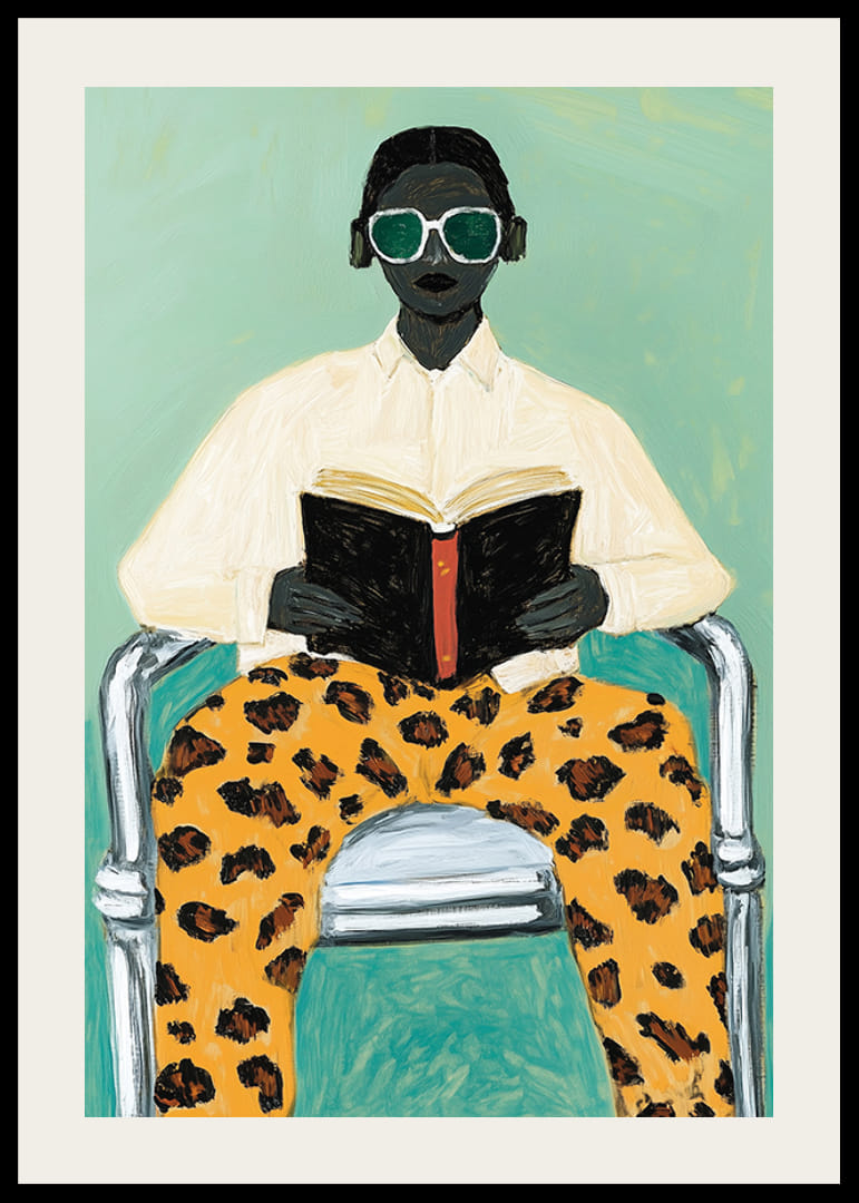 O persoană stilată citește cu calm o carte în pantaloni îndrăzneți cu imprimeu leopard-12