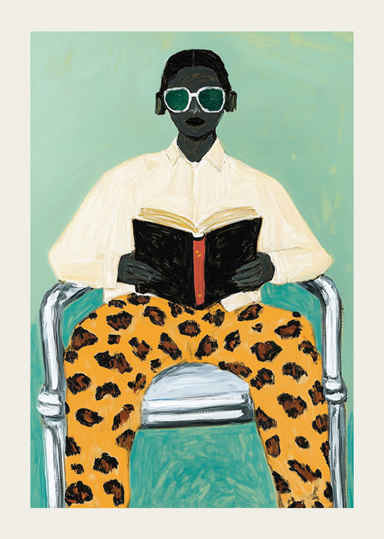 O persoană stilată citește cu calm o carte în pantaloni îndrăzneți cu imprimeu leopard-12