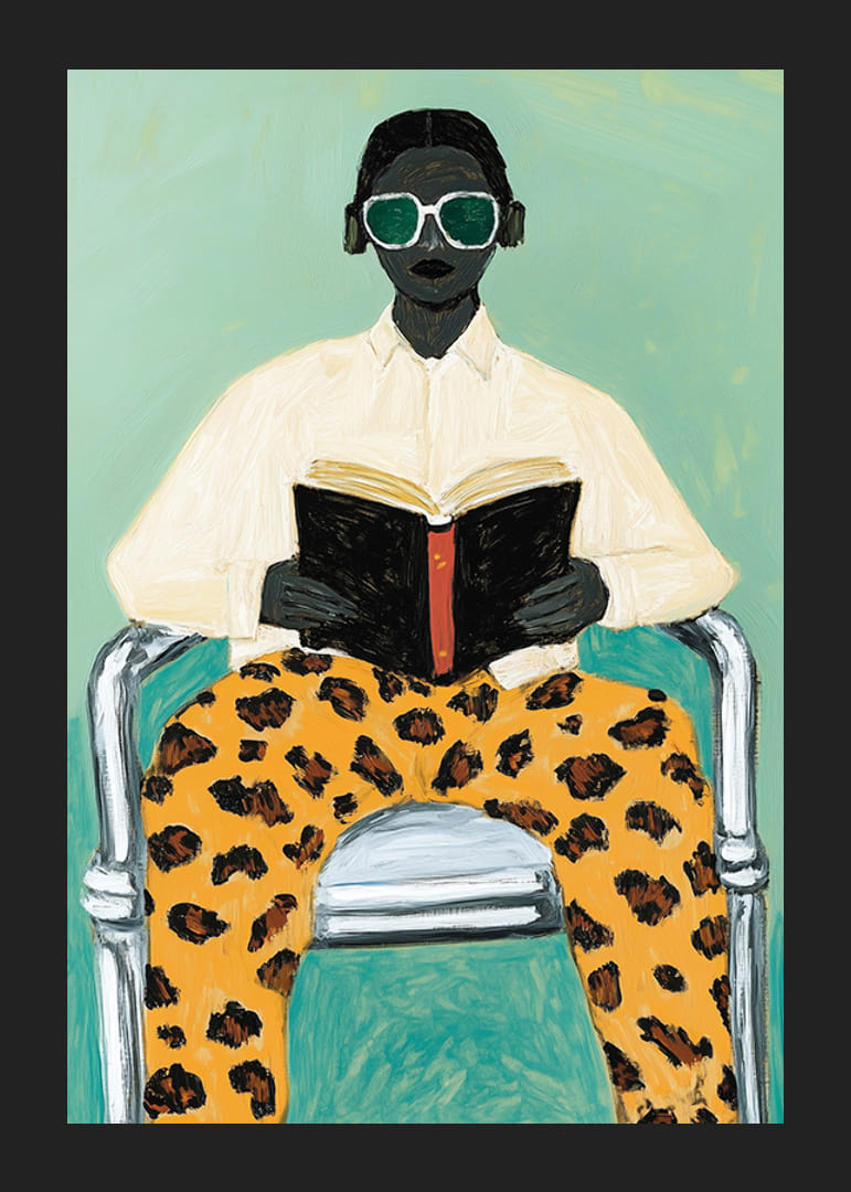 O persoană stilată citește cu calm o carte în pantaloni îndrăzneți cu imprimeu leopard-12