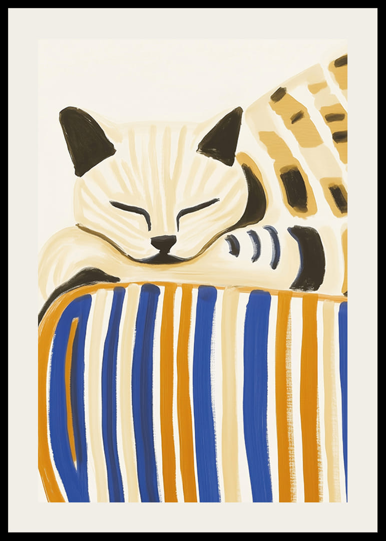 En avslappnad katt vilar på en randig kudde, sprider lugn och harmoni-12