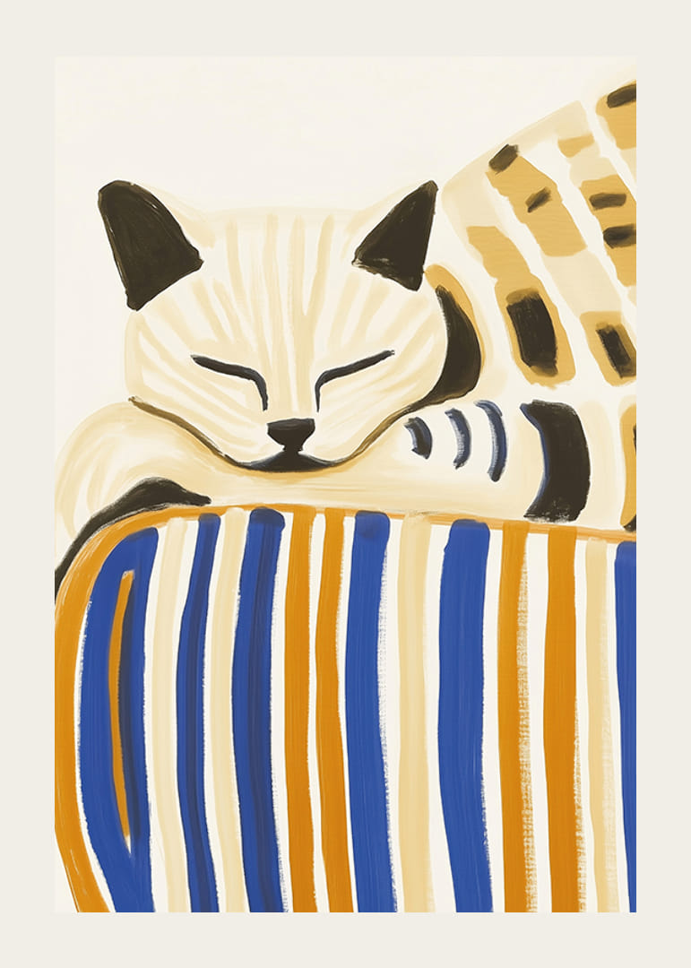 En avslappnad katt vilar på en randig kudde, sprider lugn och harmoni-12