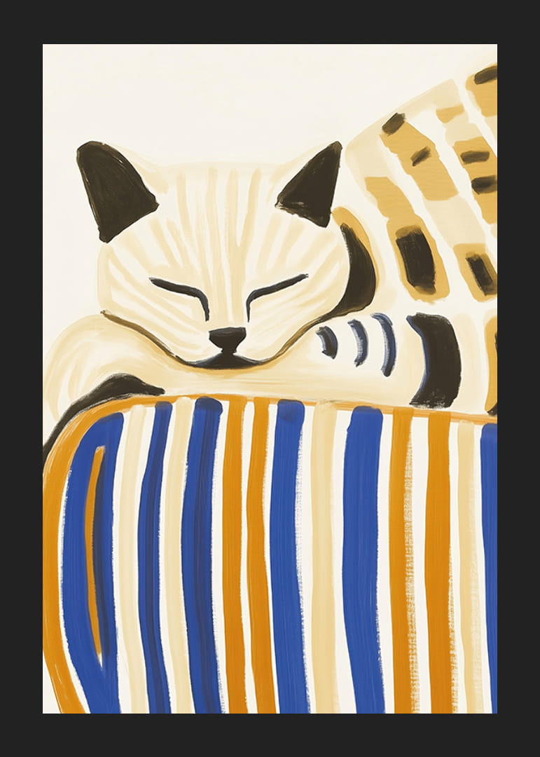 En avslappnad katt vilar på en randig kudde, sprider lugn och harmoni-12