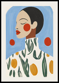 Stilfuldt portræt med stærke farver og blomstermønster mod blå baggrund-2