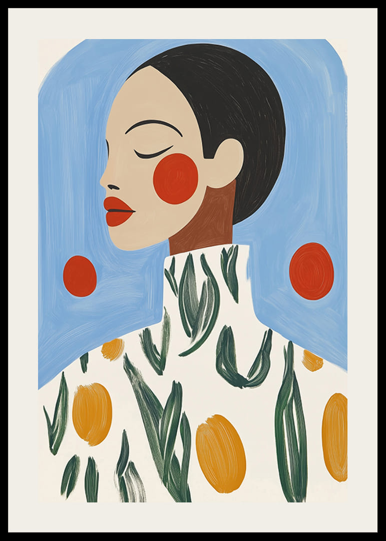 Stilfuldt portræt med stærke farver og blomstermønster mod blå baggrund-12