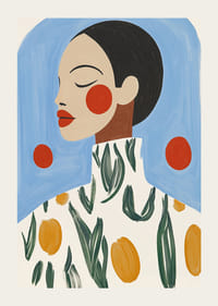 Stilfuldt portræt med stærke farver og blomstermønster mod blå baggrund-3