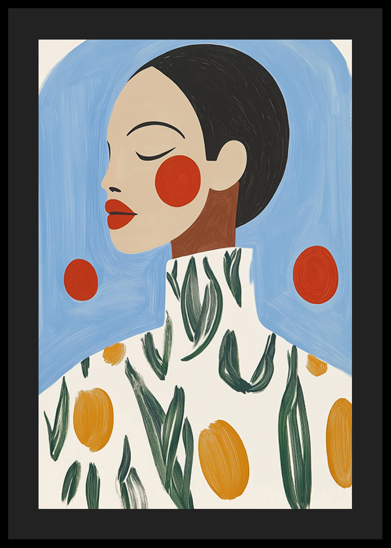 Stilfuldt portræt med stærke farver og blomstermønster mod blå baggrund-12