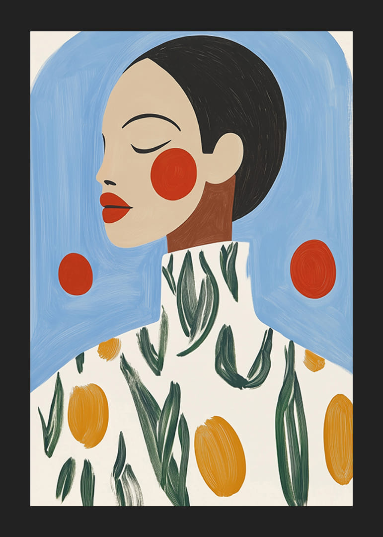 Stilfuldt portræt med stærke farver og blomstermønster mod blå baggrund-12