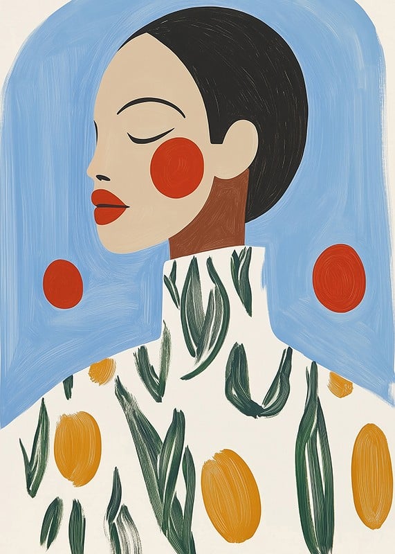 Stylish portrait with strong colors and floral pattern against a blue background-12