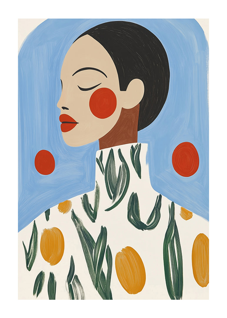 Stylish portrait with strong colors and floral pattern against a blue background-12