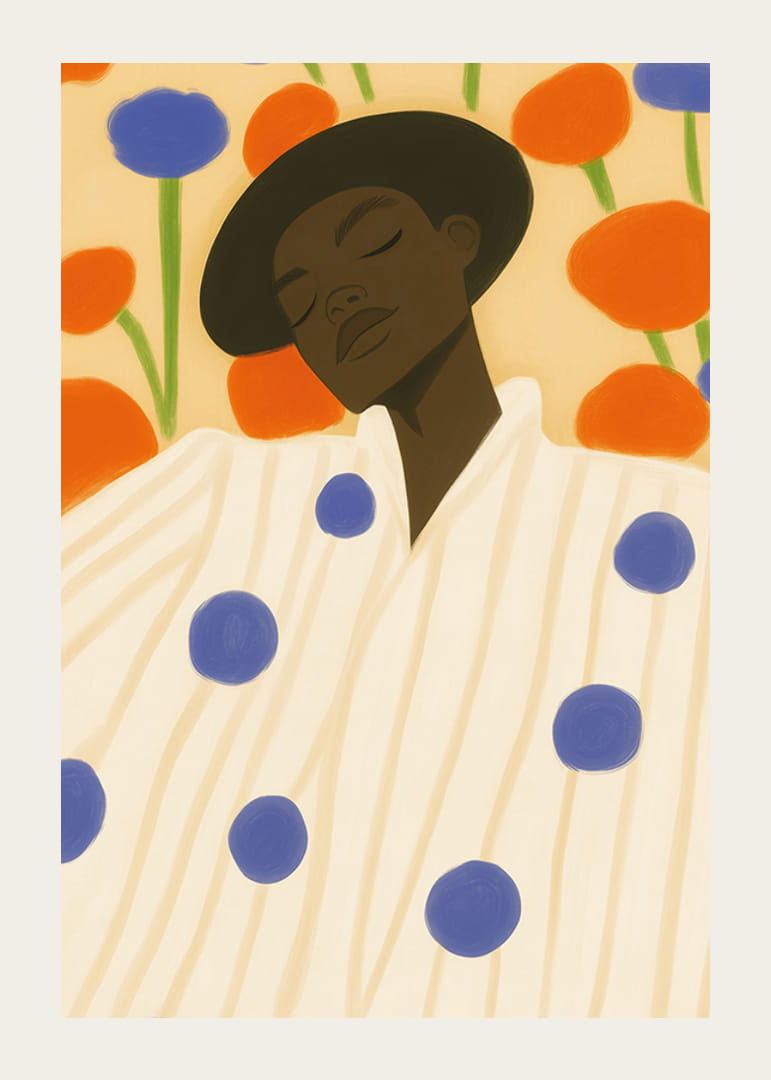 Eine friedliche Ruhepause umgeben von lebendigen Blumen und kontrastierenden Mustern-12