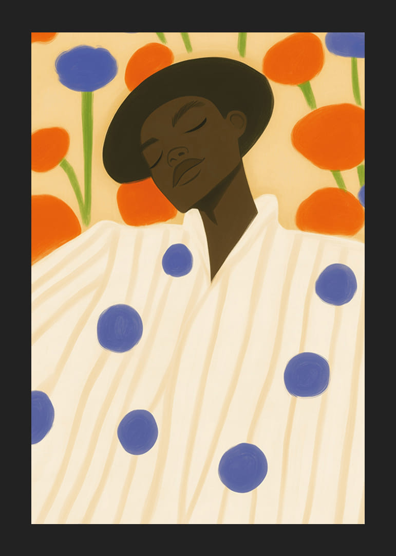 Eine friedliche Ruhepause umgeben von lebendigen Blumen und kontrastierenden Mustern-12