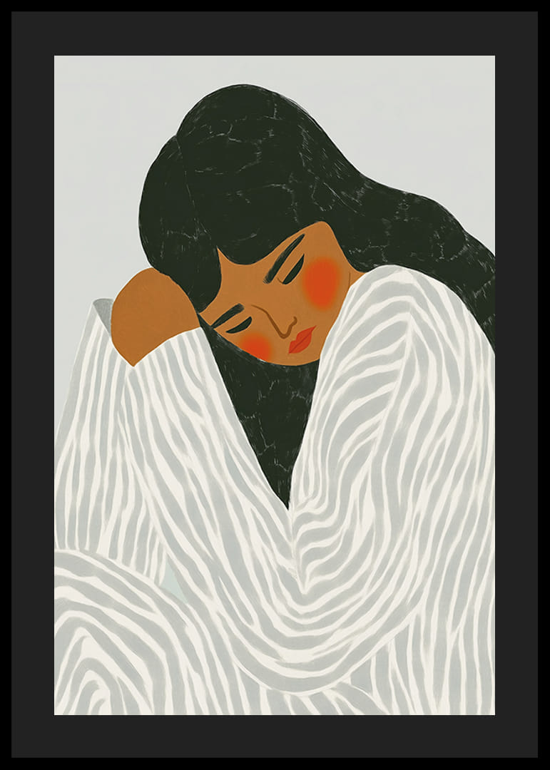 En fredfyldt kvinde omgivet af bløde, stribede former i stille harmoni-12