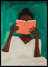 A woman lost in a book against a deep green background-6