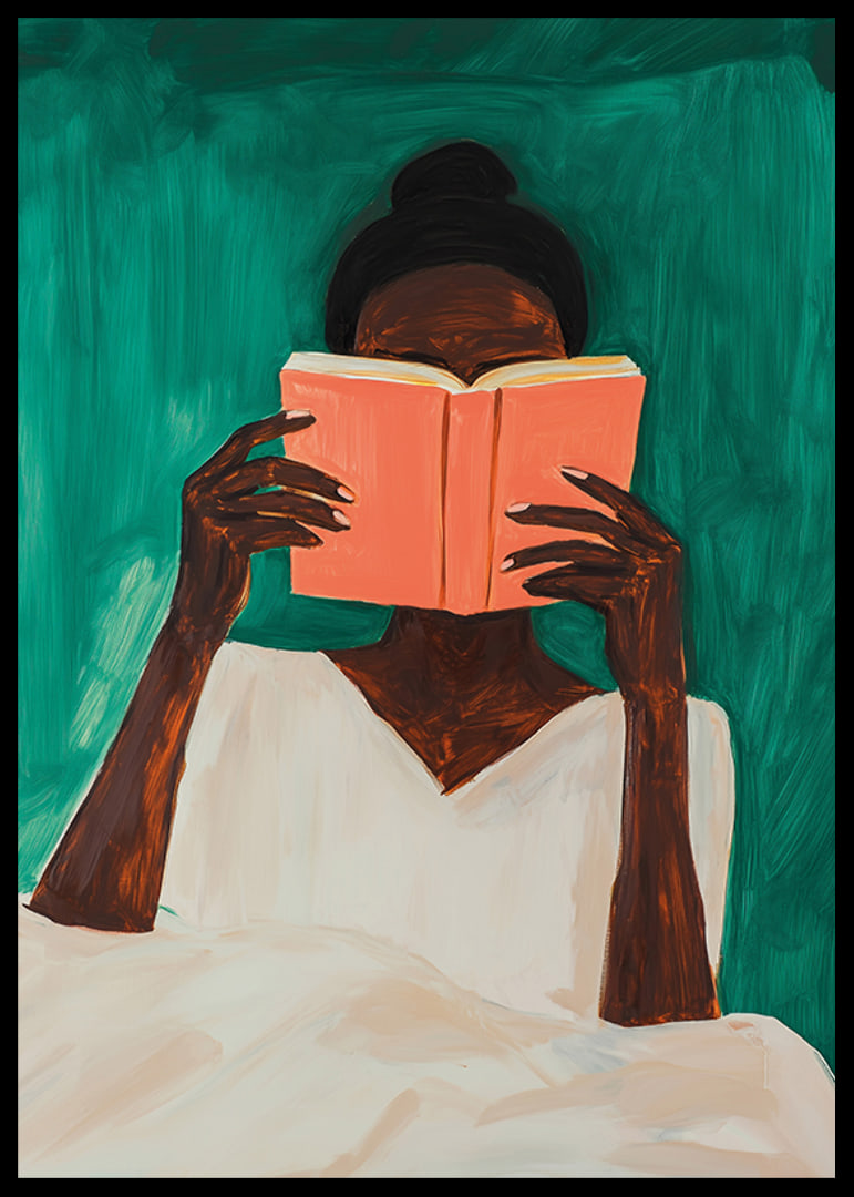 A woman lost in a book against a deep green background-12