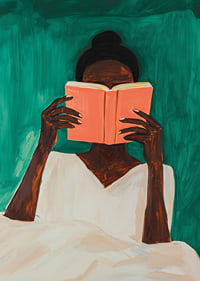 A woman lost in a book against a deep green background-7