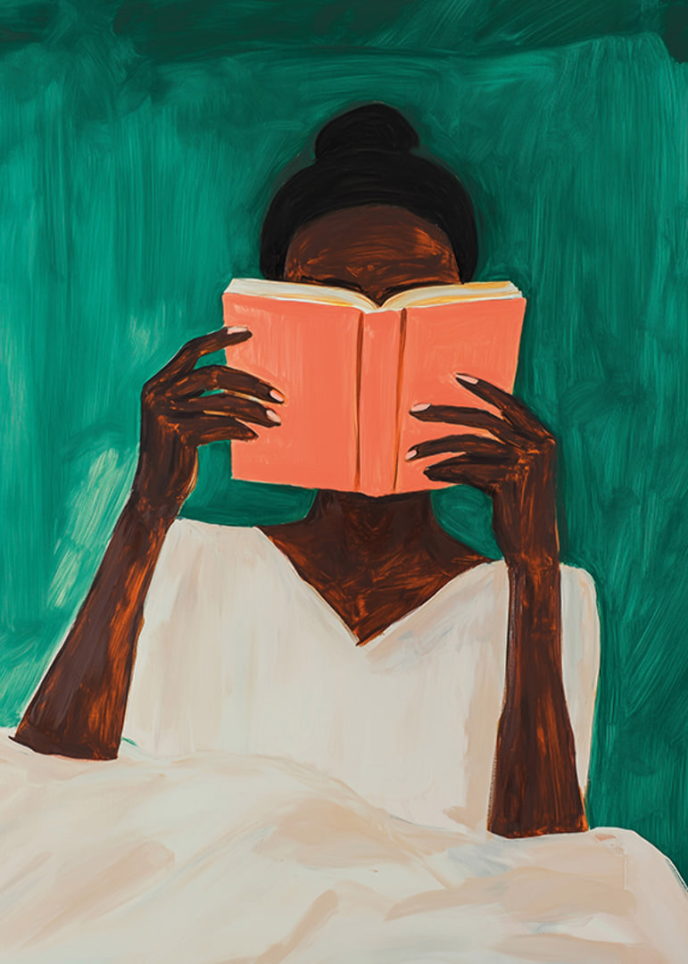 A woman lost in a book against a deep green background-12