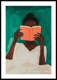 A woman lost in a book against a deep green background-0