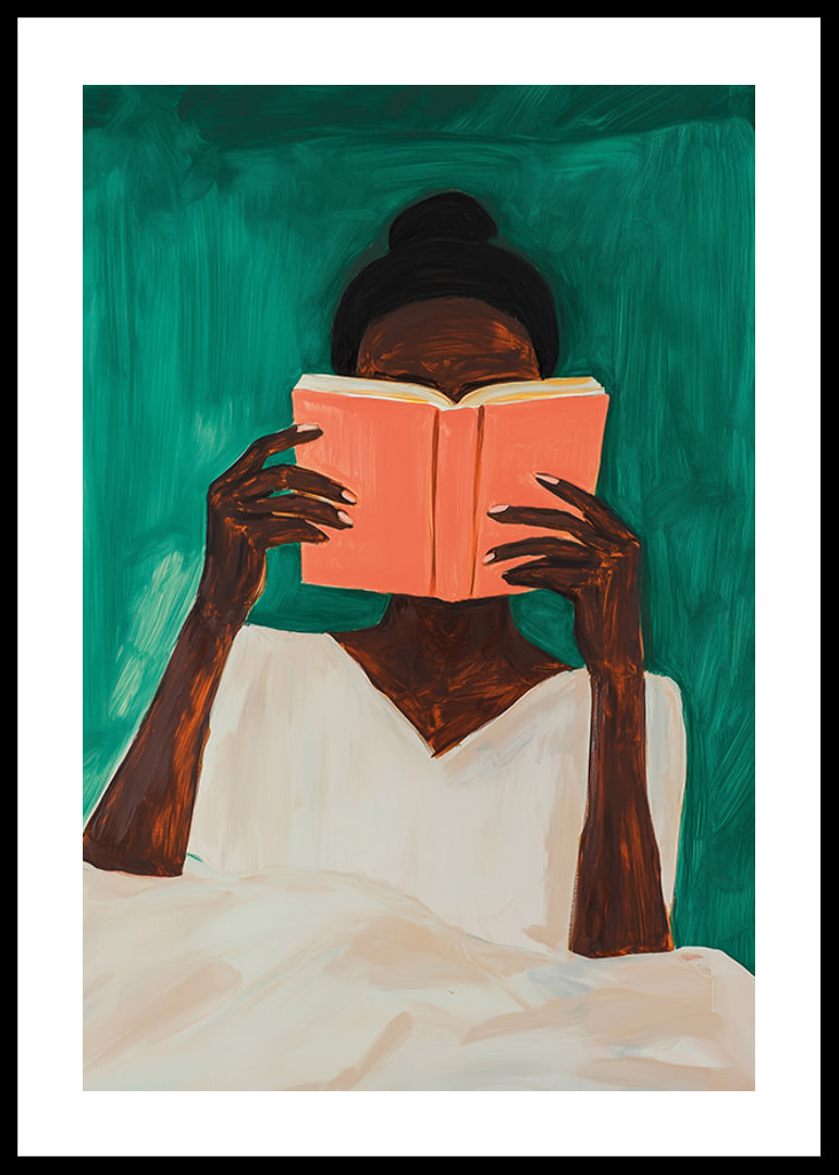 A woman lost in a book against a deep green background-12