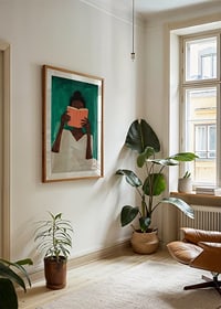 A woman lost in a book against a deep green background-8