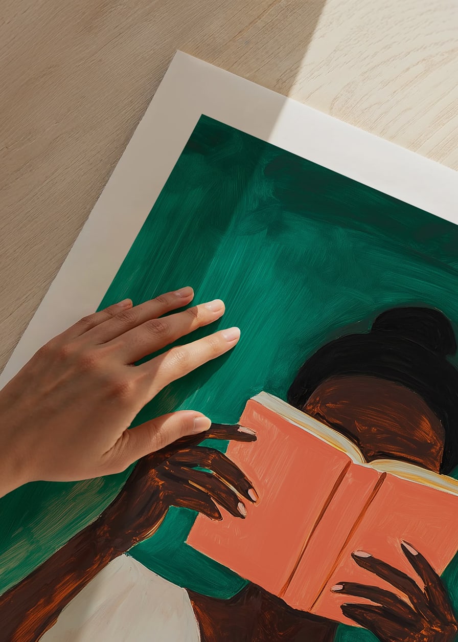 A woman lost in a book against a deep green background-12
