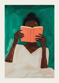 A woman lost in a book against a deep green background-3