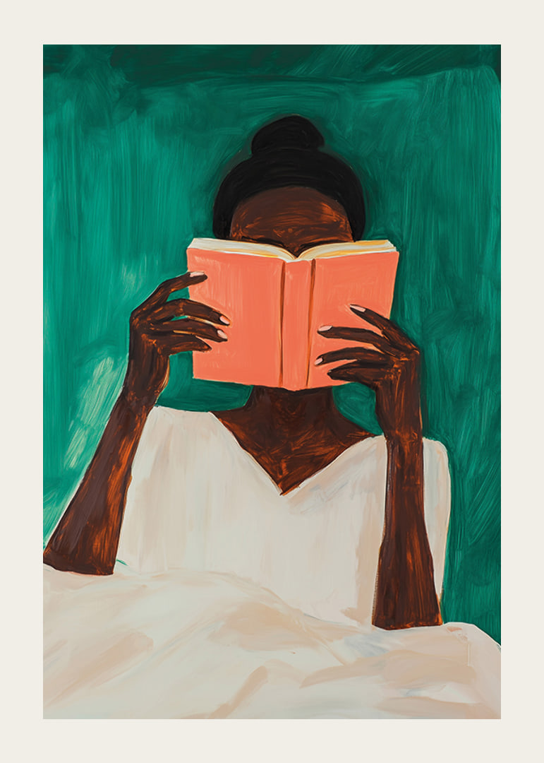 A woman lost in a book against a deep green background-12