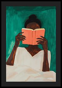 A woman lost in a book against a deep green background-4