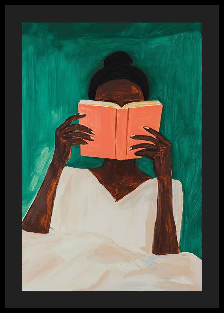 A woman lost in a book against a deep green background-12