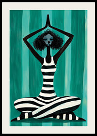 A harmonious figure in stripes finds peace in the movement of meditation against a turquoise background-2