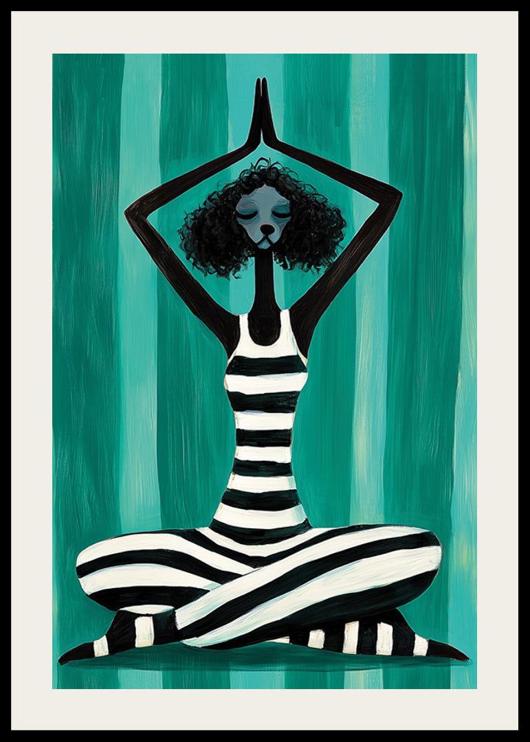 A harmonious figure in stripes finds peace in the movement of meditation against a turquoise background-12