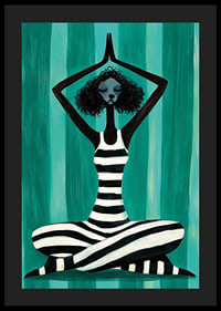 A harmonious figure in stripes finds peace in the movement of meditation against a turquoise background-4